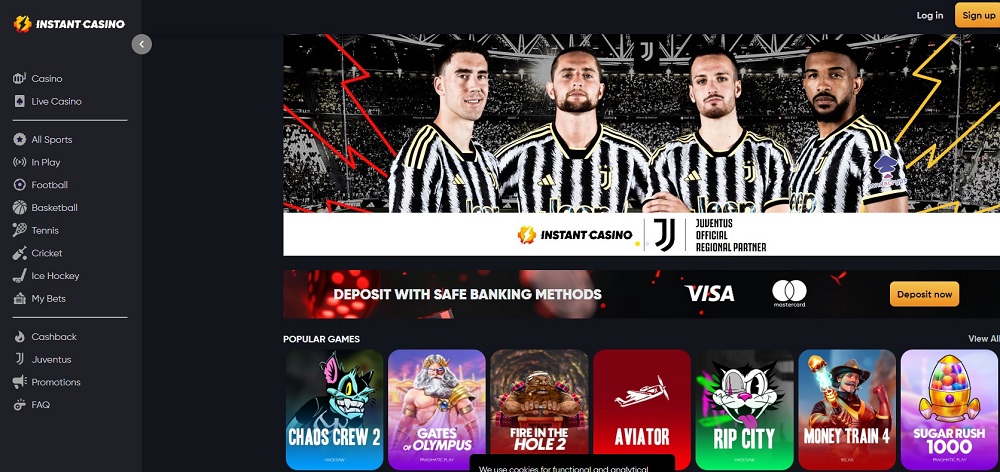 Screenshot der Instant Casino-Startseite mit Juventus-Partnerschaftsbanner und Casinospielen wie Chaos Crew 2.