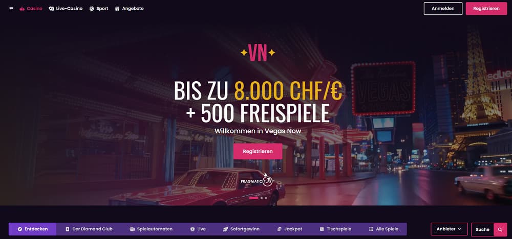 Vegasnow Casino-Startseite mit neonbeleuchteter Las-Vegas-Straßenszene und einem Eiffelturm-Nachbau, der einen Willkommensbonus von bis zu 8.000 CHF/€ und 500 Freispiele bewirbt. Die Oberfläche bietet Navigation für Casino, Live-Casino, Sportwetten, Angebote sowie Kategorien wie Diamond Club, Sofortgewinn, Jackpots und Tischspiele.